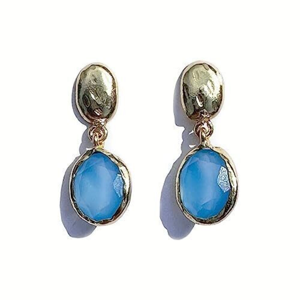 4025 Genuine Blue Stone Dangle Earrings, Onyx-Chalcedony Quartz, Post Back
